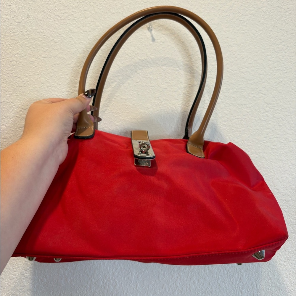 Red Nylon Shoulder Bag Tan Handles Silver Turn Lock Closure Satchel Purse - Picture 2 of 9